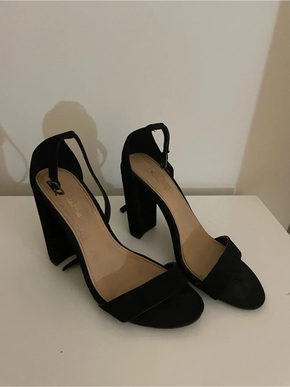 Brash Black Suede Ankle Strap Block Heels